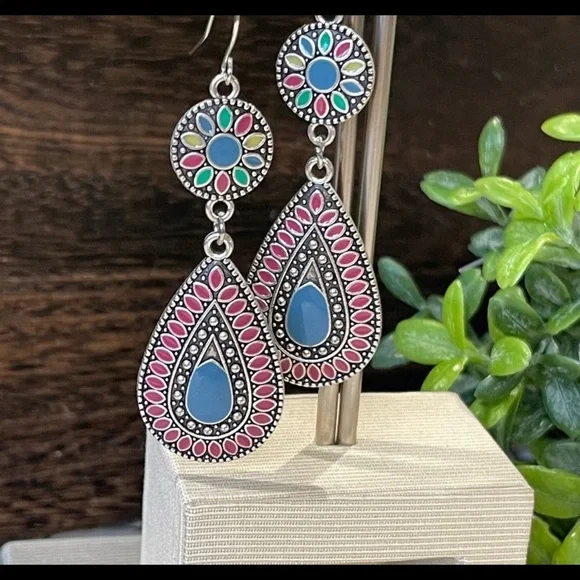 Boho Earrings DOUBLE DROP silver DANGLING TEAR SHAPE multi color Southwest Shine - Picture 2 of 7